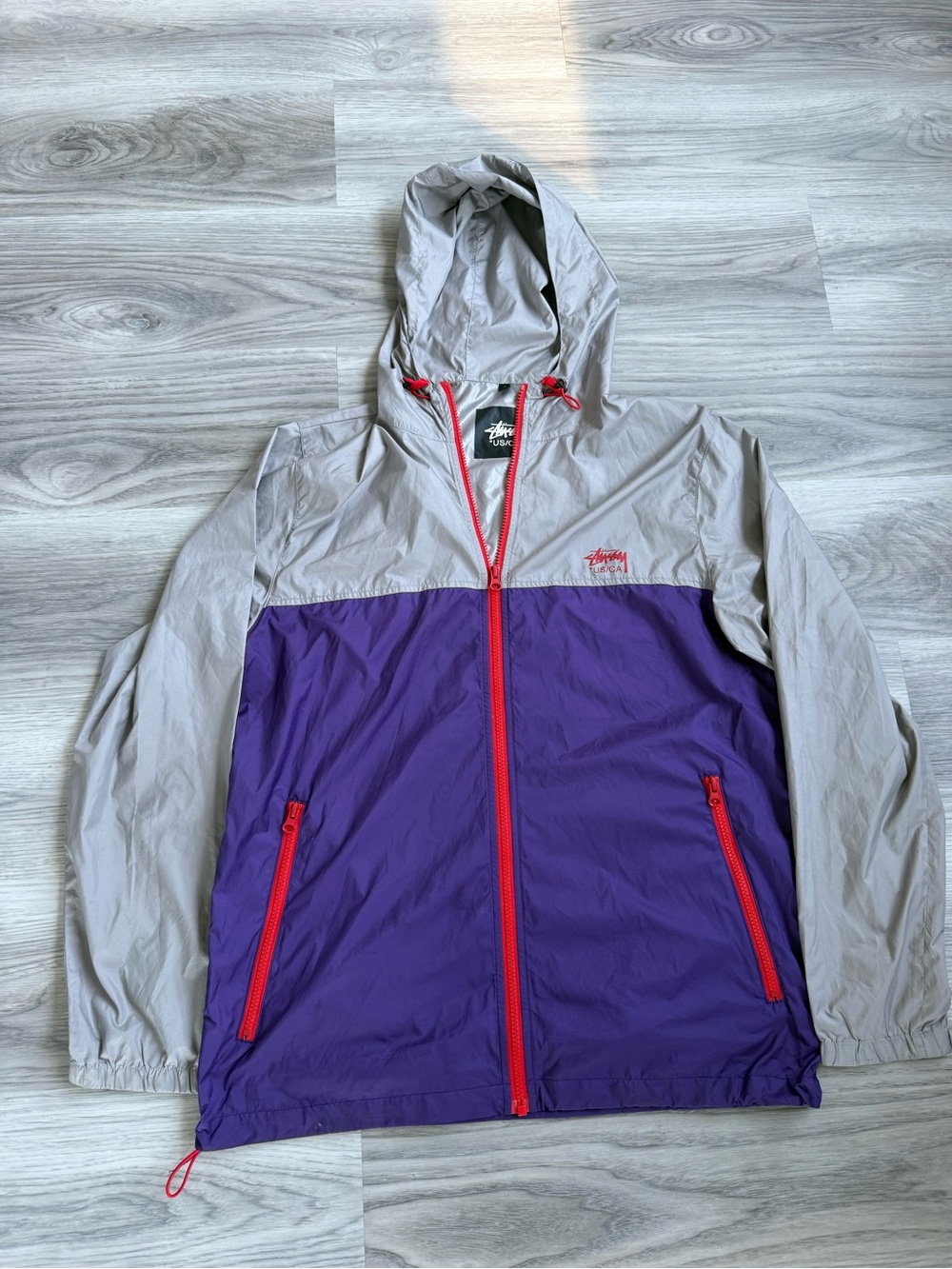 Stussy Purple, Light Gray & Red Hooded Colorblock Windbreaker